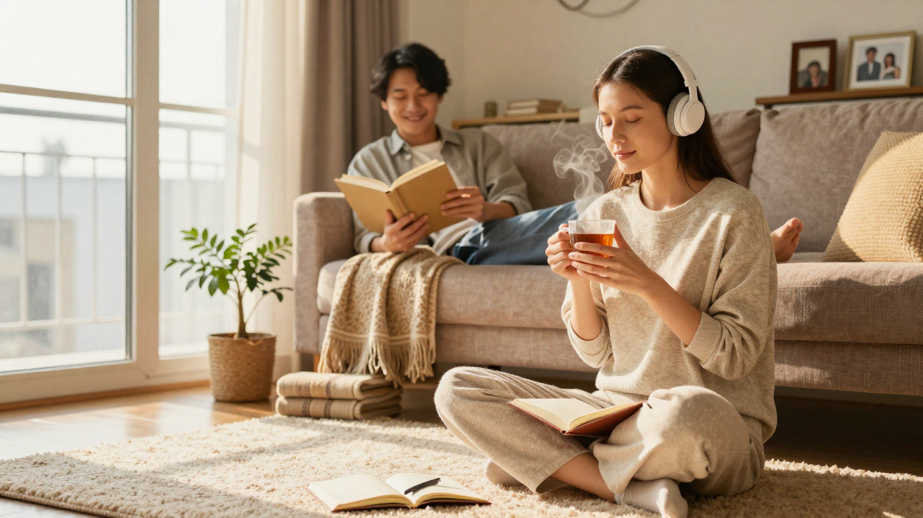 Casal relaxando em casa; mulher sentada no tapete com fones e chá, homem no sofá lendo um livro.
