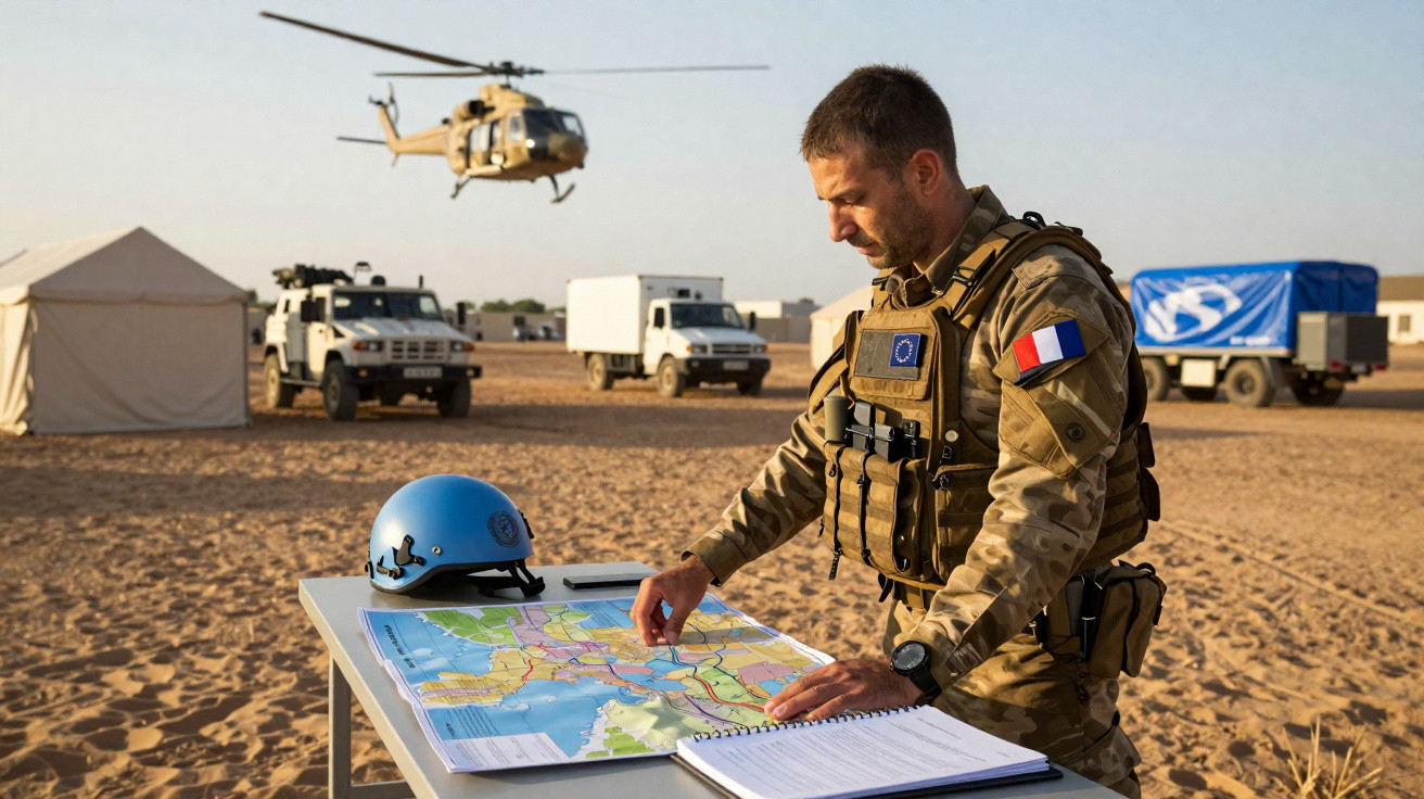 Soldado francês em uniforme militar analisa mapa em acampamento militar no deserto com helicóptero e veículos ao fundo.
