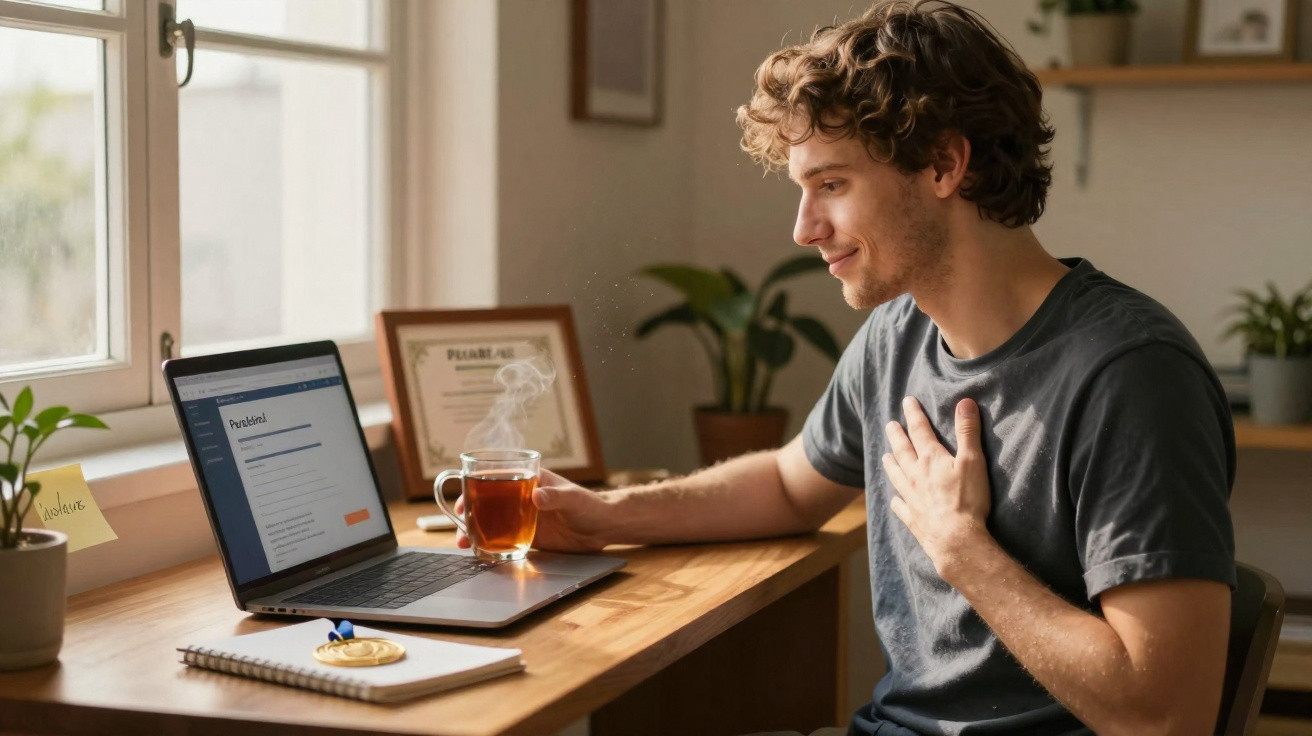 Jovem sentado à mesa com laptop aberto na tela, segurando xícara de chá quente e sorrindo.