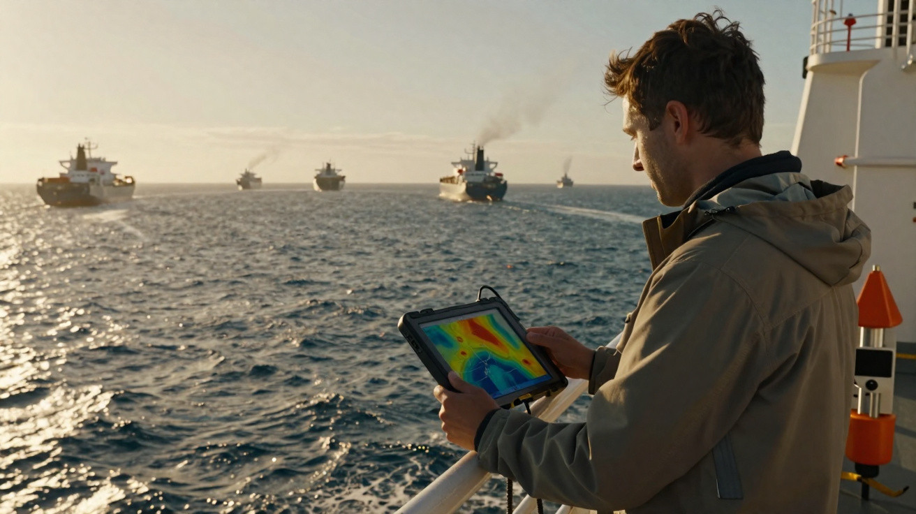 Homem no convés de navio segurando tablet com mapa térmico, com vários navios ao fundo no mar.