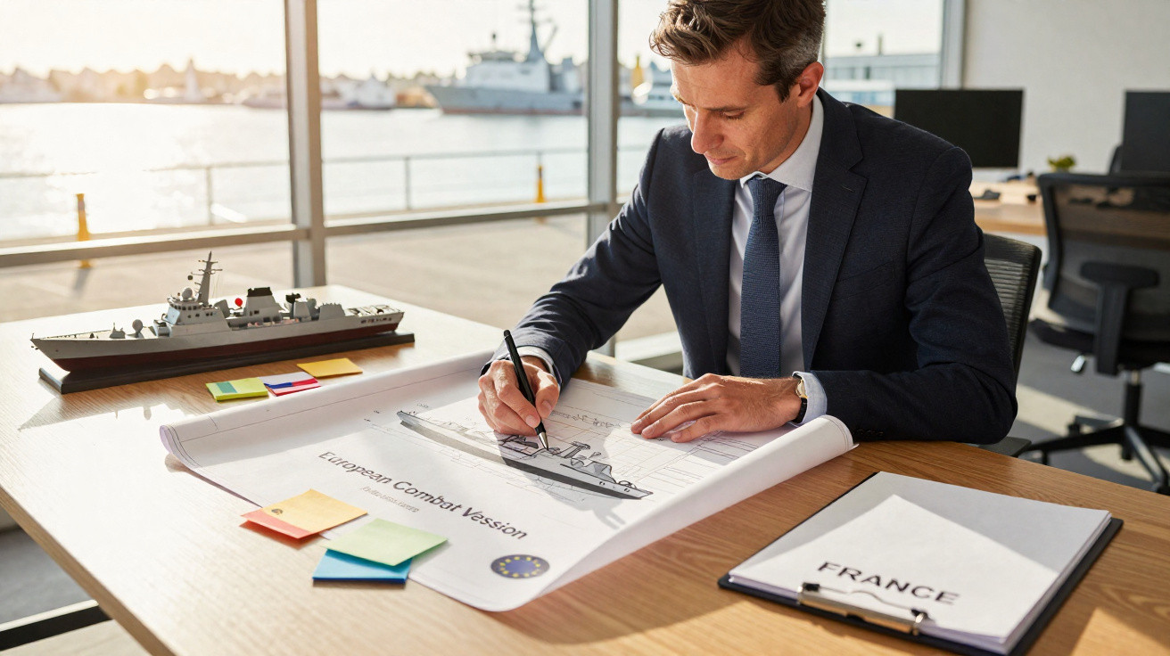 Homem de terno desenhando projeto de navio militar em escritório com modelo de navio na mesa.