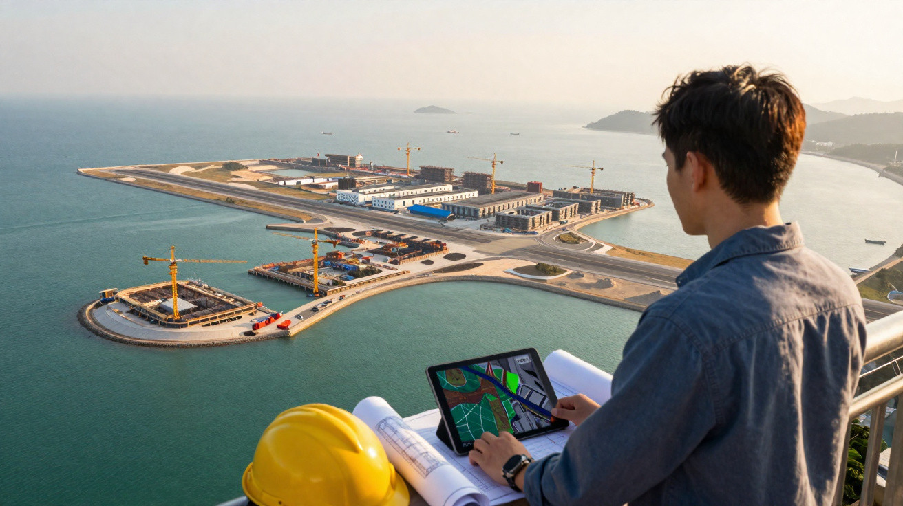 Homem analisa planta digital em tablet com maquete de construção sobre água ao fundo durante o dia.