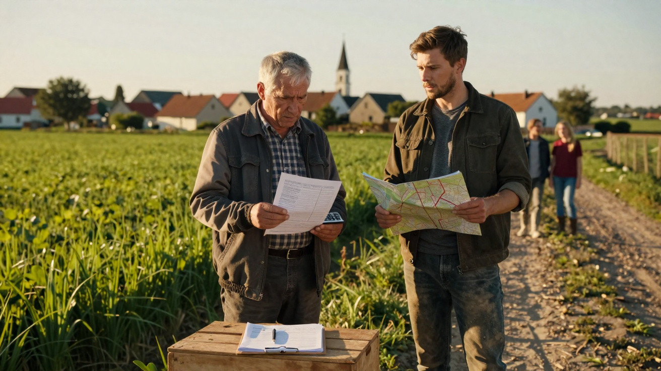 Dois homens analisam documentos e mapa em campo agrícola próximo a uma estrada de terra e casas ao fundo.