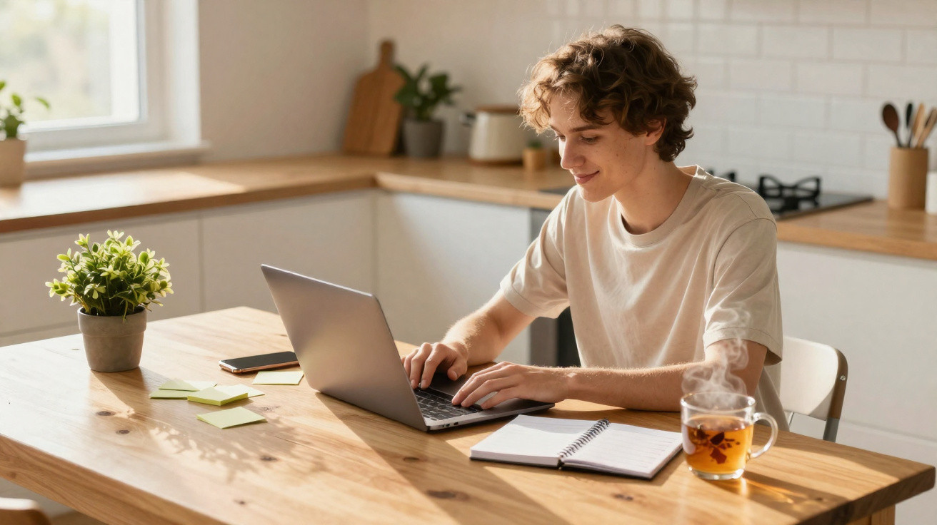 Jovem sorridente usando laptop em cozinha iluminada com caderno, chá e planta sobre mesa de madeira.