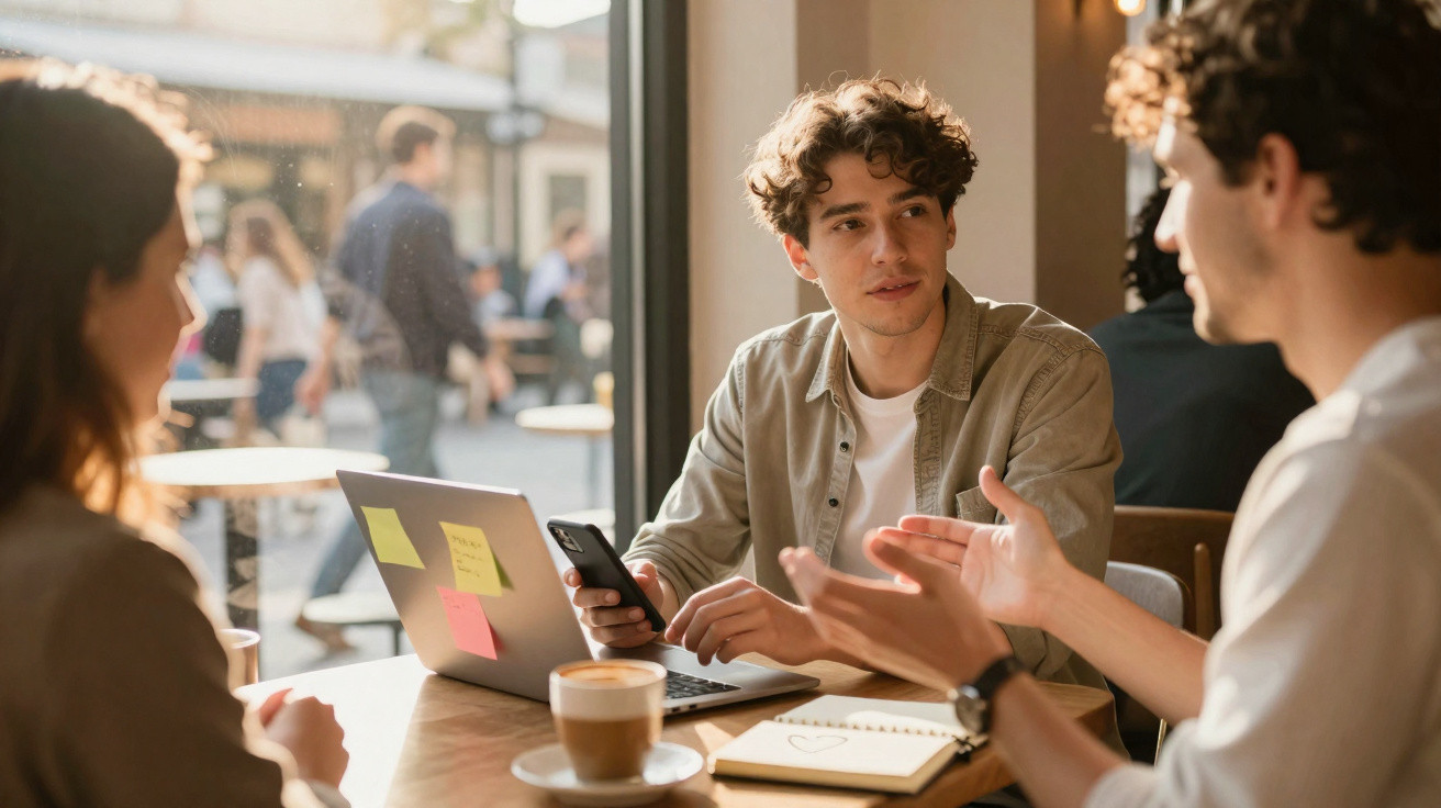 Três jovens conversando em café com laptop, celular, caderno e xícara de café na mesa.