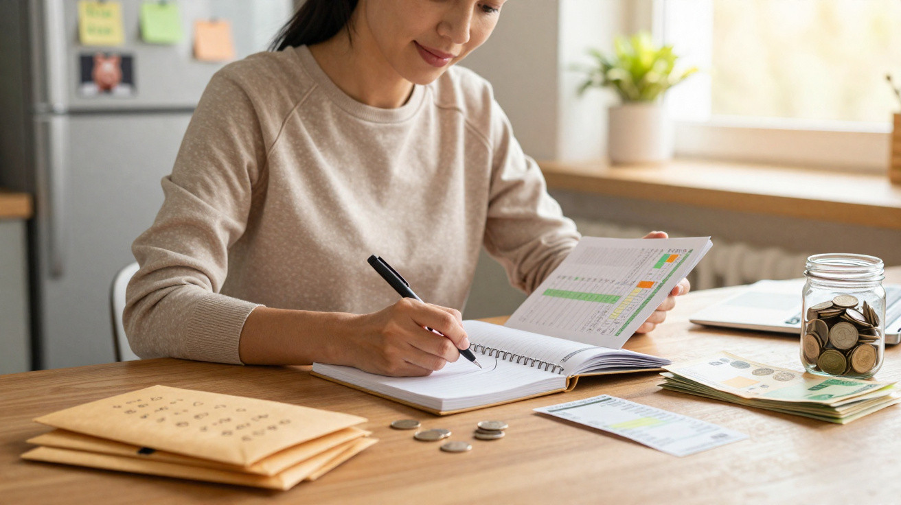 Mulher anotando finanças pessoais com cadernos, moedas, envelopes e cofre de vidro na mesa.