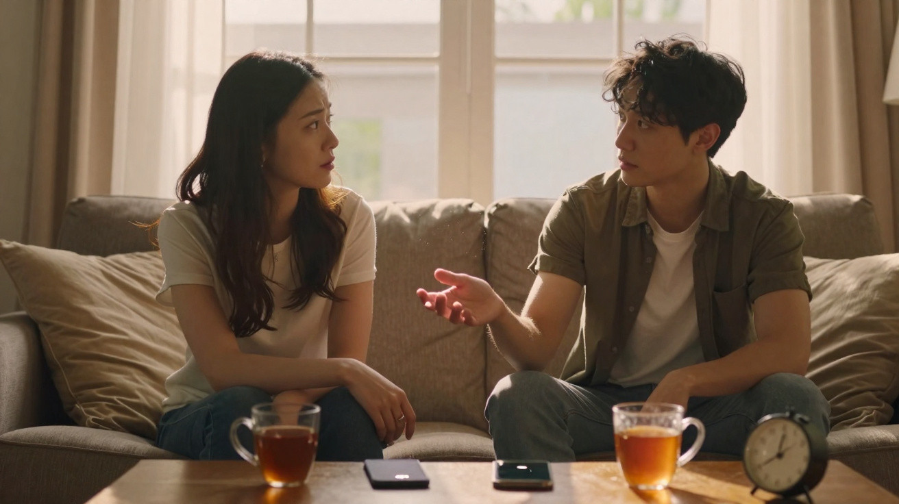 Homem e mulher sentados no sofá conversando, com xícaras de chá e relógio na mesa à frente.