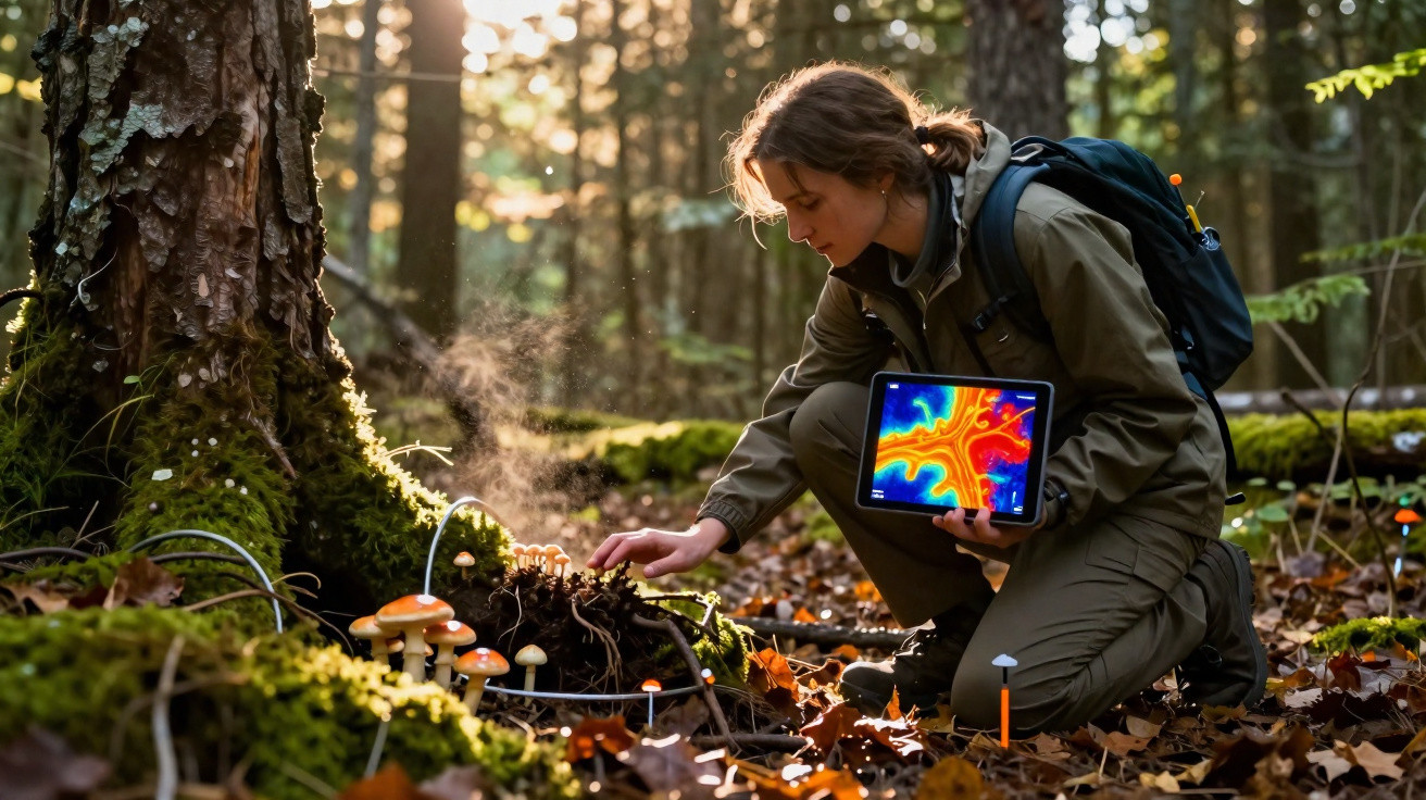 Mulher ajoelhada na floresta analisando cogumelos com tablet mostrando imagem térmica colorida.