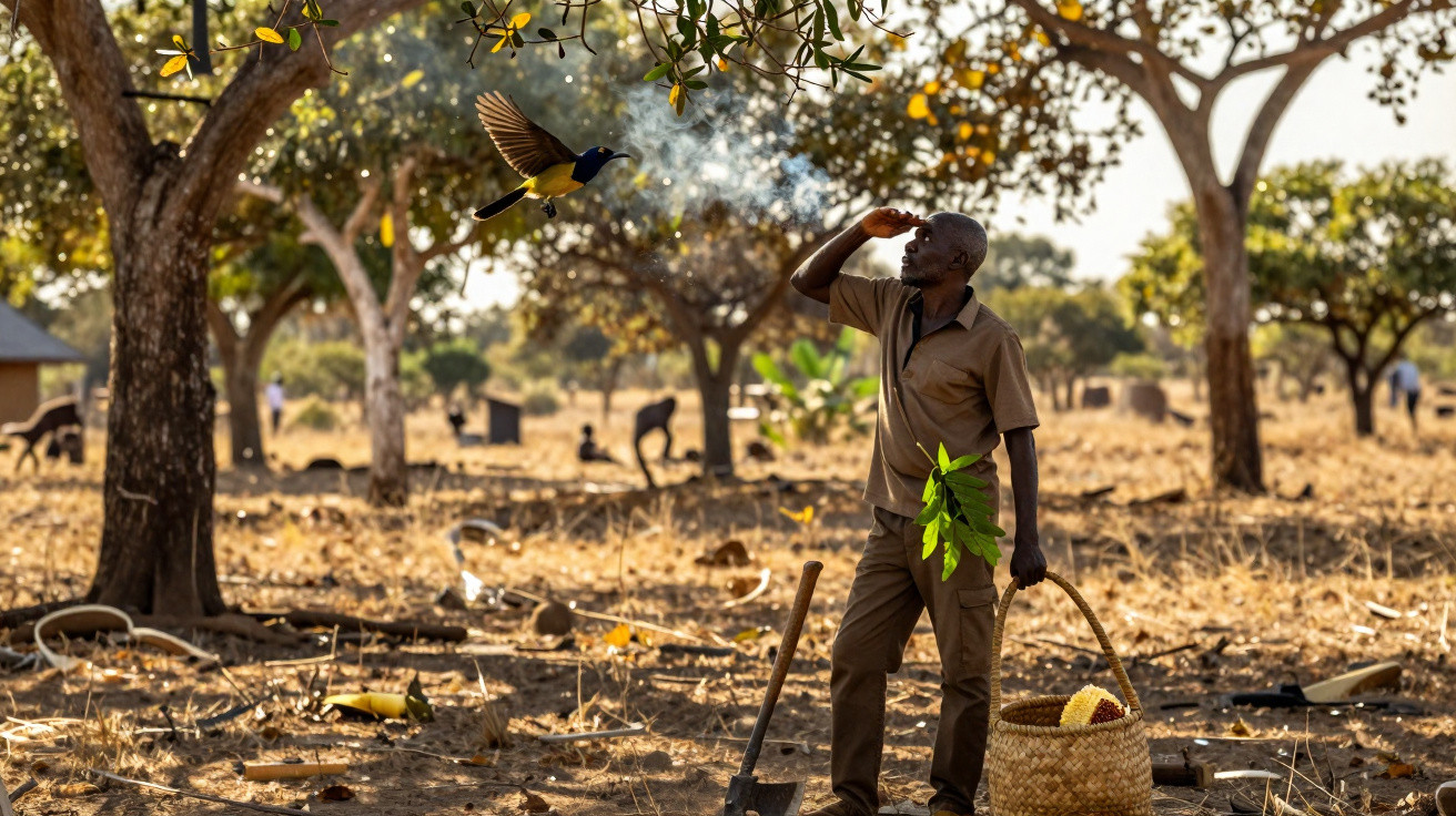 Homem observa pássaro voando em área seca com árvores, segurando cesta e ferramenta de trabalho.