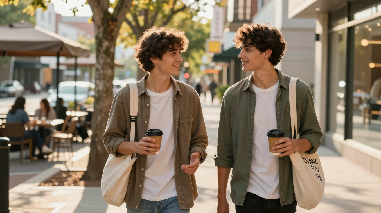 Dois jovens sorrindo andando na calçada segurando copos de café e carregando bolsas de tecido.