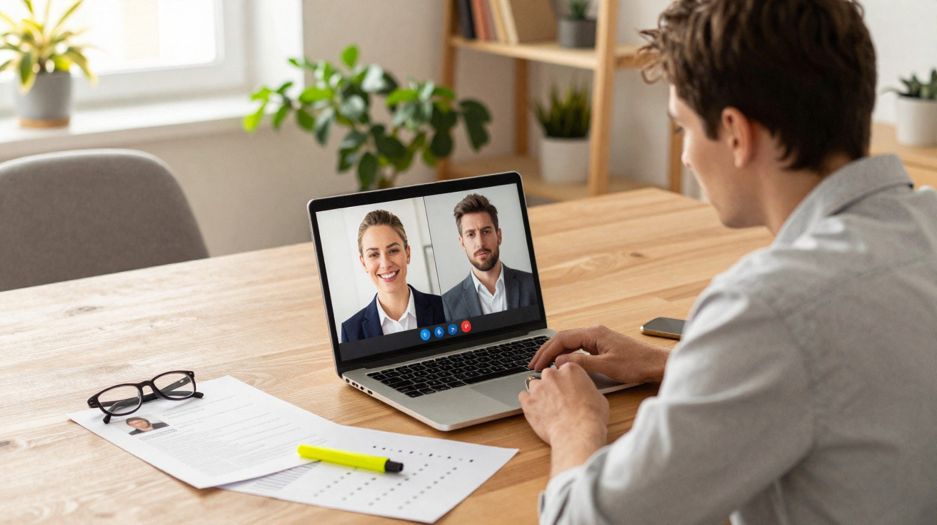 Homem participa de entrevista online por laptop em mesa com currículo e óculos.