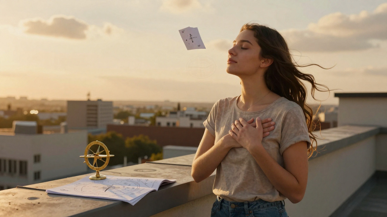 Mulher de olhos fechados sentindo o vento em uma varanda com cartas e instrumento de navegação.