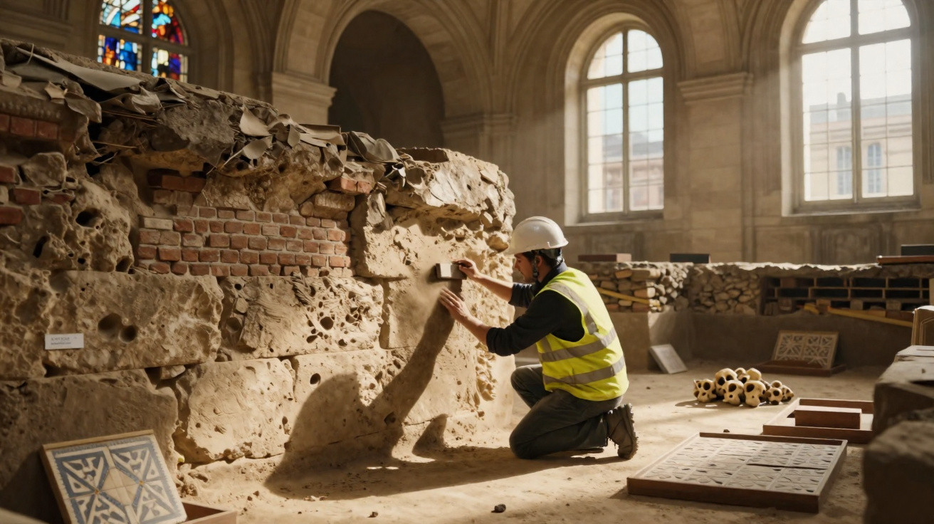 Arqueólogo com colete e capacete examinando parede antiga em sítio arqueológico dentro de edifício histórico.