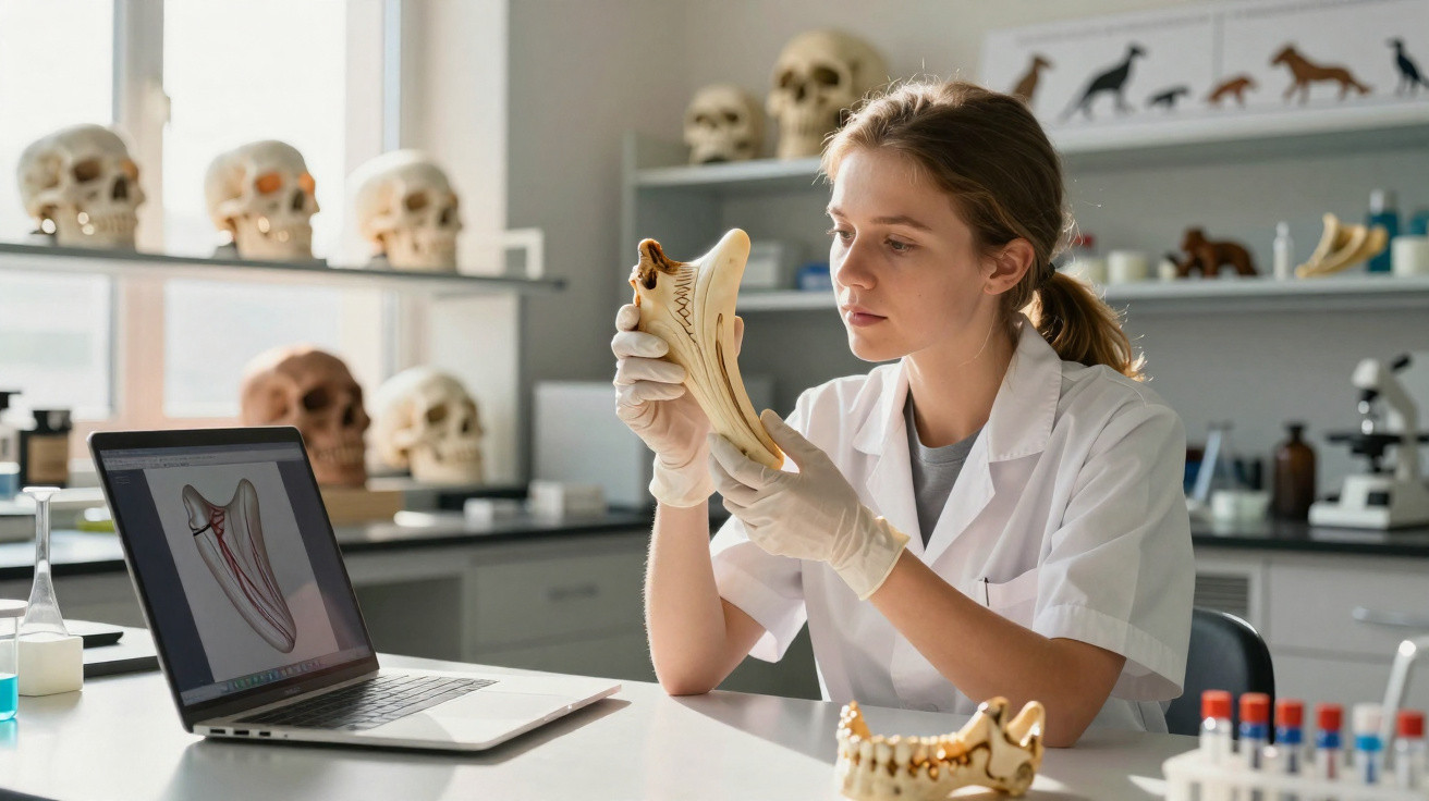 Jovem cientista analisa modelo de mandíbula em laboratório com crânios e laptop ao fundo.