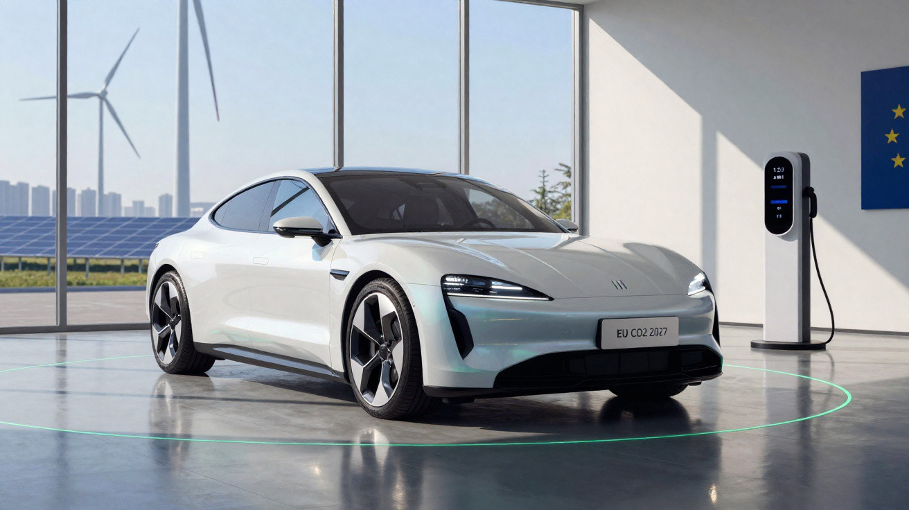 Carro elétrico branco estacionado em showroom com turbinas eólicas e painéis solares ao fundo.