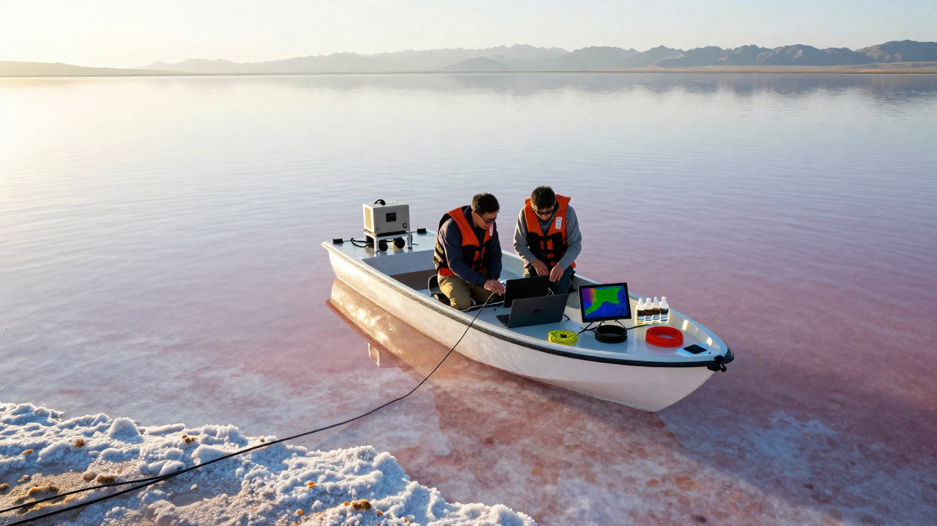 Dois homens com coletes laranja em um barco pequeno realizando pesquisa em lago de água rosa e sal na borda.