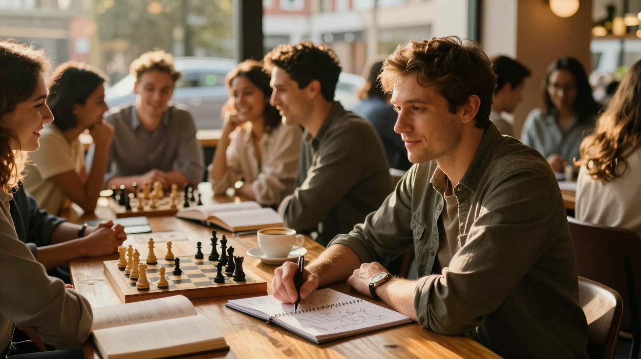 Jovens jogando xadrez e estudando juntos em uma mesa de madeira em café iluminado pela luz natural.