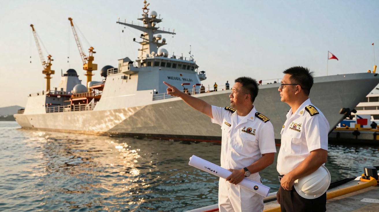 Dois oficiais navais em uniforme branco observando e apontando para um navio de guerra atracado no porto ao pôr do sol.