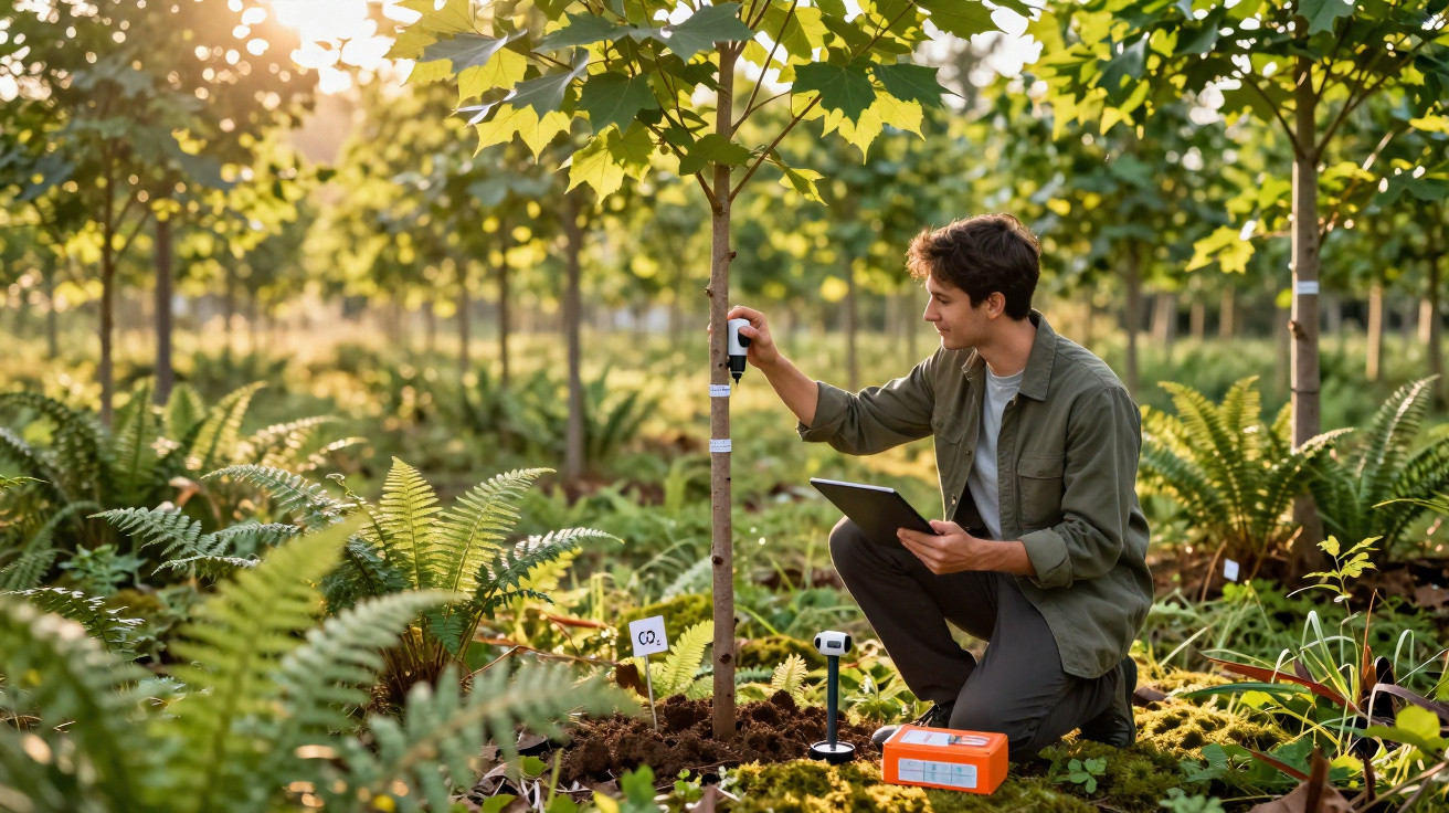 Jovem em plantação mede dados de árvore com tablet e sensor ao pôr do sol.