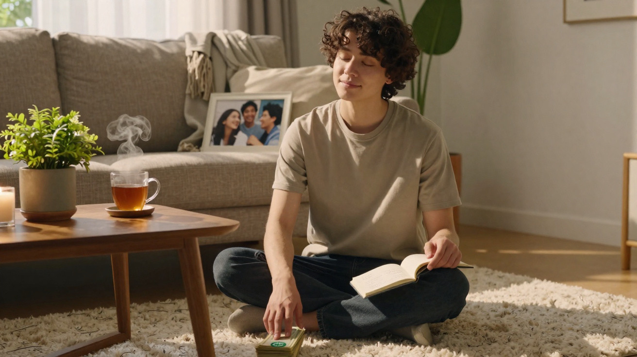 Jovem sentado no chão da sala lendo um livro, com uma xícara de chá na mesa próxima.