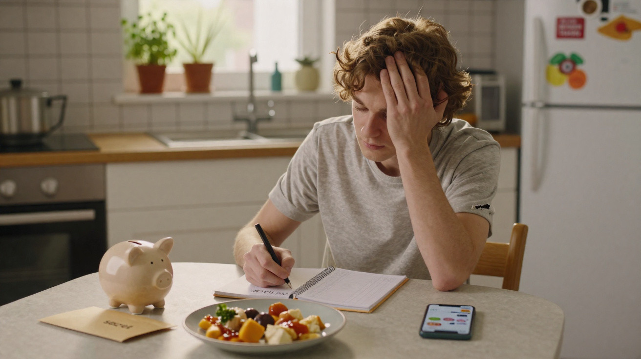Jovem sentado na cozinha com expressão preocupada enquanto escreve em caderno, com cofrinho e prato de comida à frente.