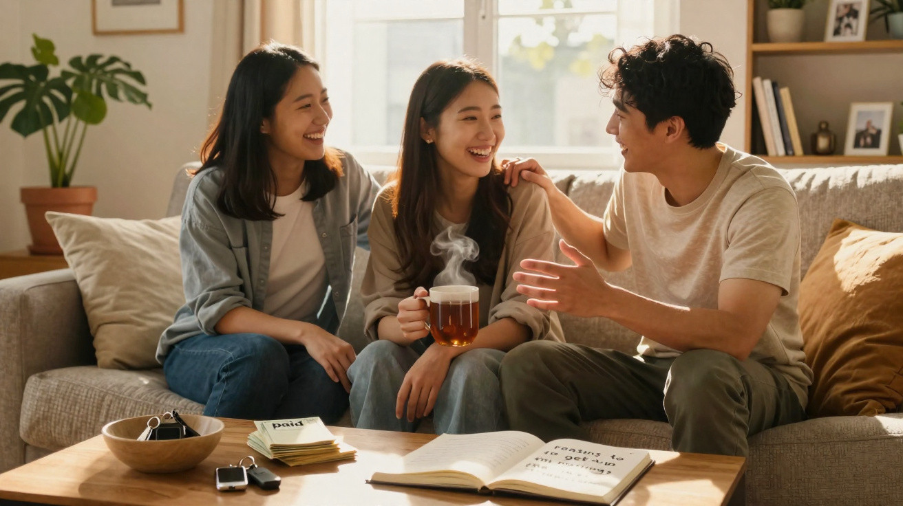 Três amigos sentados no sofá conversando e sorrindo, uma deles segurando uma xícara de chá quente.