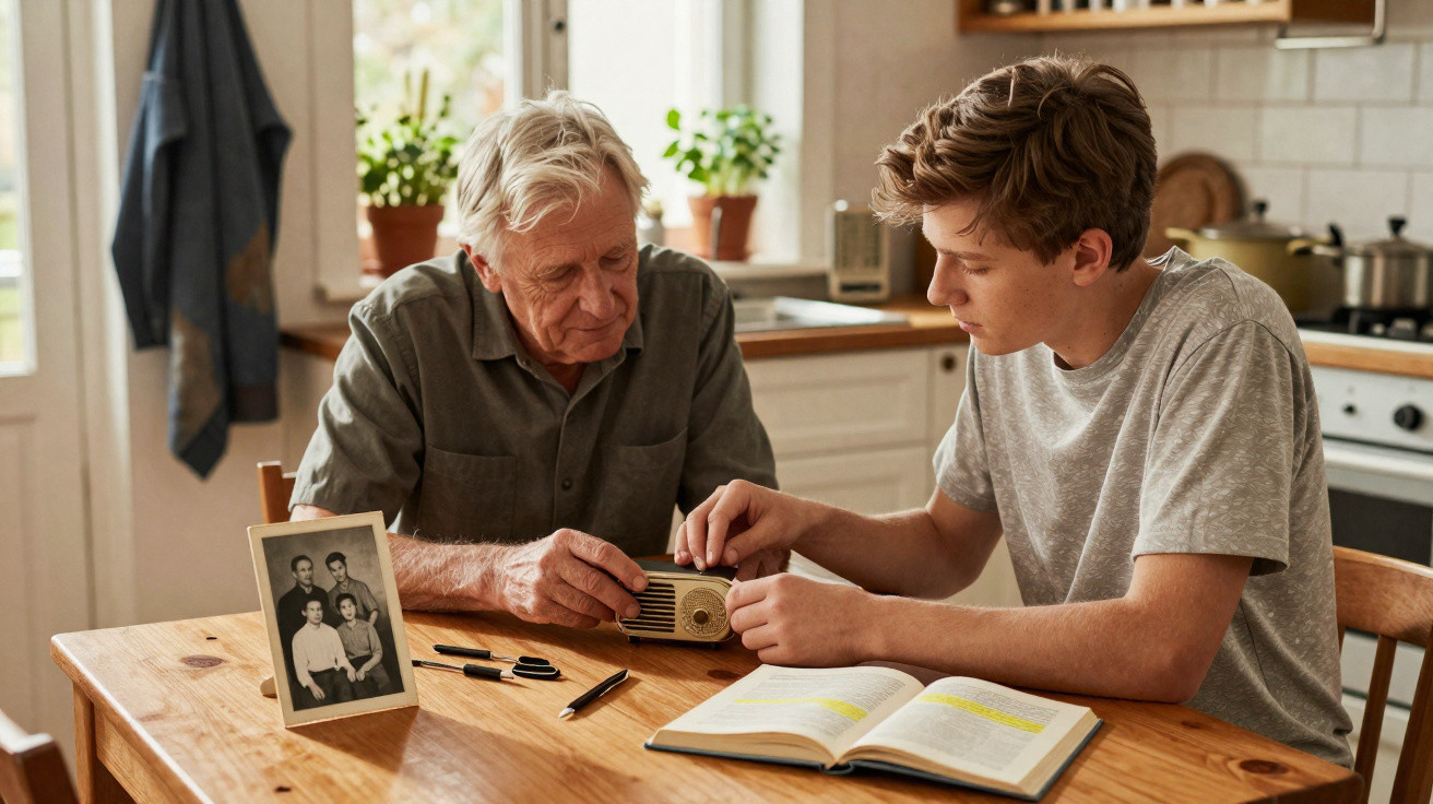 Idoso e jovem consertam rádio antigo juntos à mesa com livro aberto e foto de família.