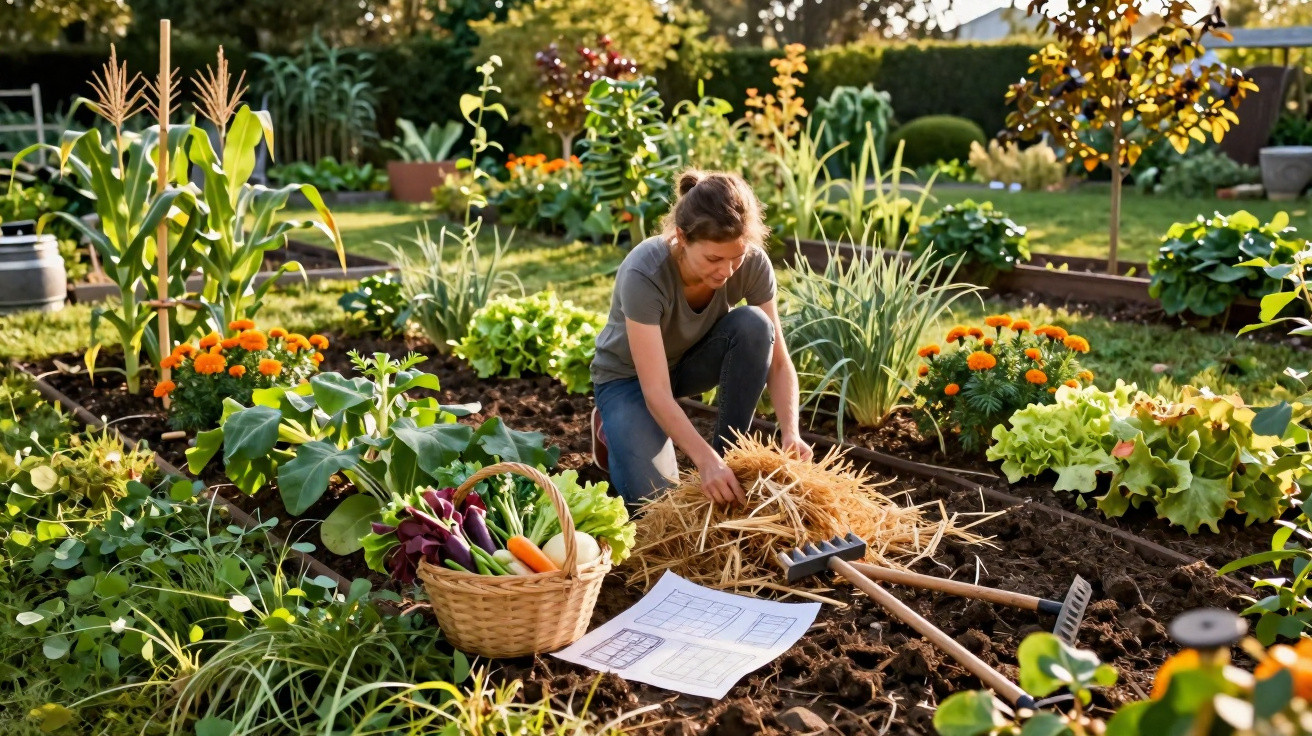 Mulher cuidando de horta com plantas, flores e cesta de vegetais em área ensolarada no jardim.