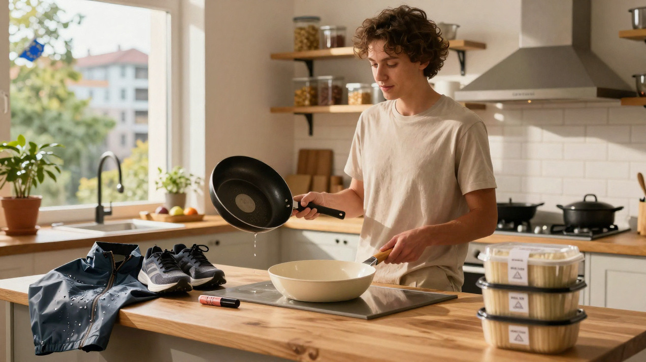 Jovem na cozinha usando frigideira para cozinhar, com tênis molhados e potes de comida na bancada de madeira.