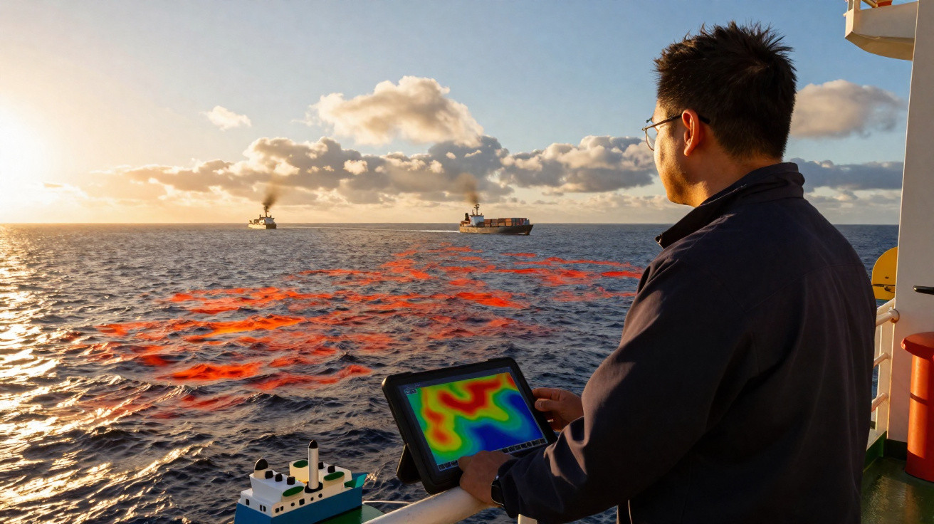 Homem observa mar com manchas coloridas e usa tablet em navio ao pôr do sol com navios no horizonte.