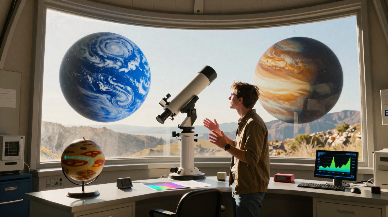 Pessoa observa telescópio em sala com janelas mostrando planetas flutuantes e área montanhosa ao fundo.