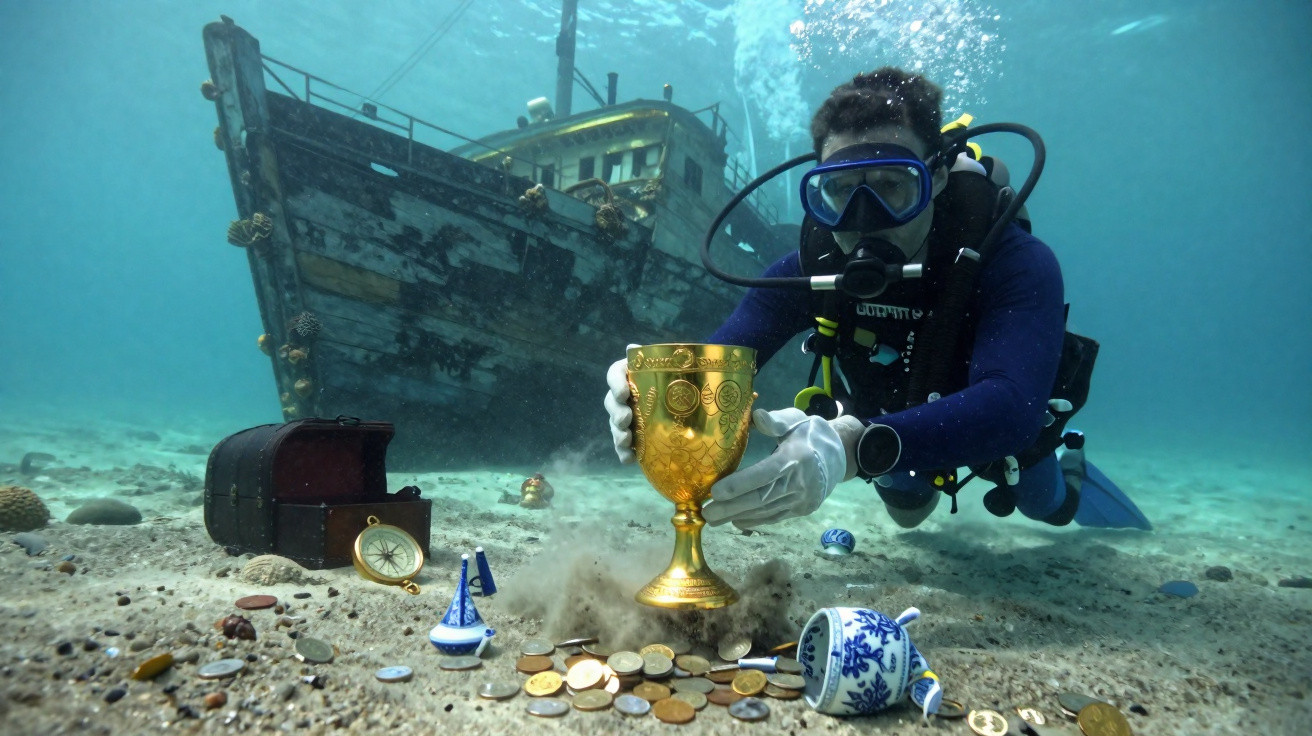 Mergulhador encontra taça dourada e moedas no fundo do mar perto de um navio naufragado.