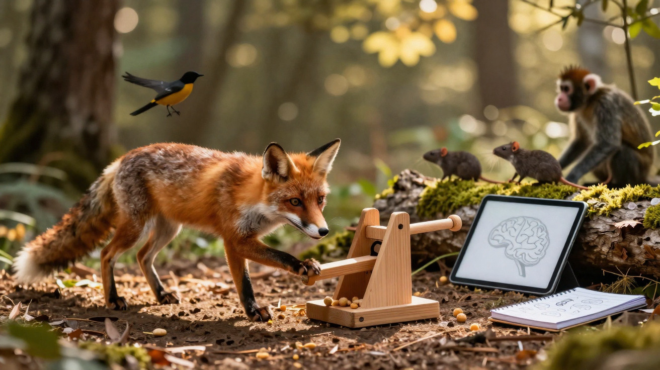 Raposa usando uma catapulta de madeira na floresta, cercada por pássaro, dois ratos e macaco com livro e tablet.