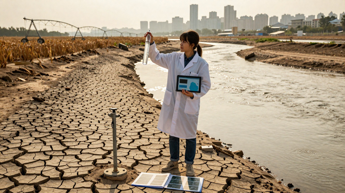 Cientista em jaleco analisando amostra de água em rio com margem seca e rachada, cidade ao fundo.
