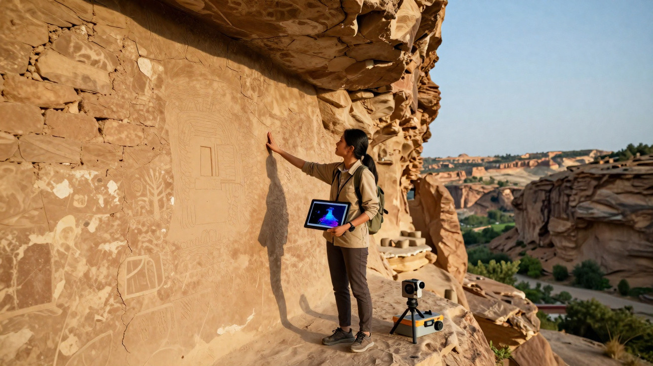Pesquisadora analisa inscrições rupestres em penhasco, segurando tablet, com equipamentos fotográficos ao lado.