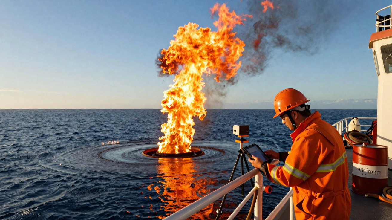 Trabalhador com capacete laranja monitora chamas altas no mar a bordo de uma plataforma ou barco.