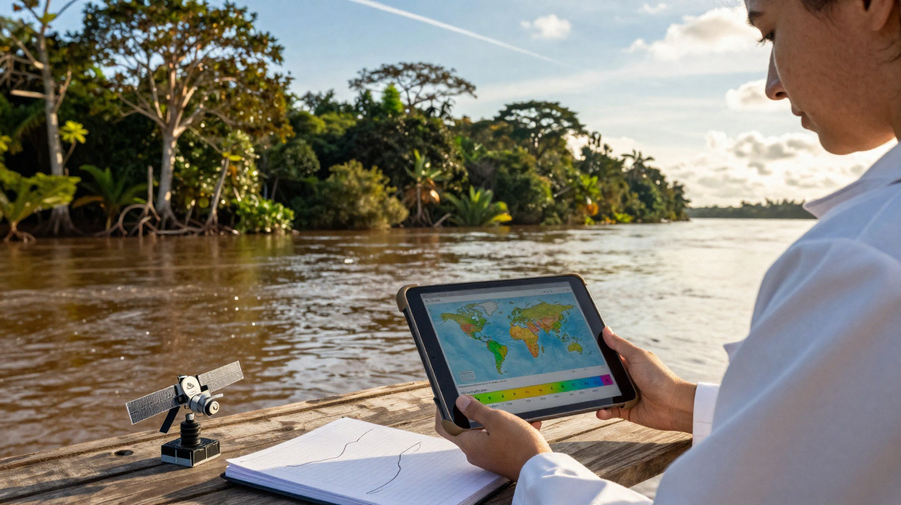 Pessoa segurando tablet com mapa mundi em área de rio cercada por árvores e caderno com desenho de mapas.