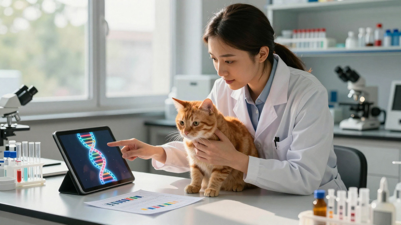 Cientista segura gato laranja enquanto aponta para imagem de DNA em tablet no laboratório.