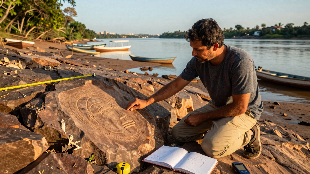 Homem examina gravura antiga em pedra próximo a rio com barcos ao fundo em ambiente natural.