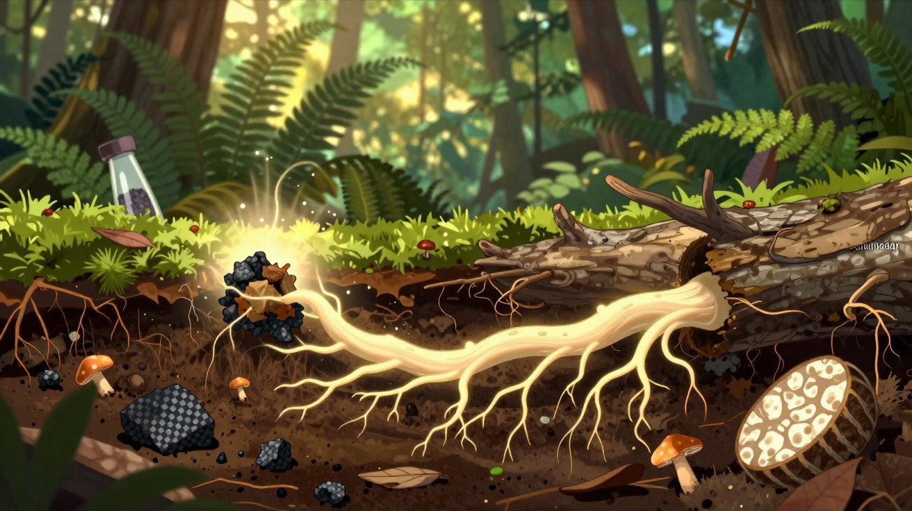 Ilustração mostrando raízes subterrâneas conectando fungos e matéria orgânica em floresta densa.
