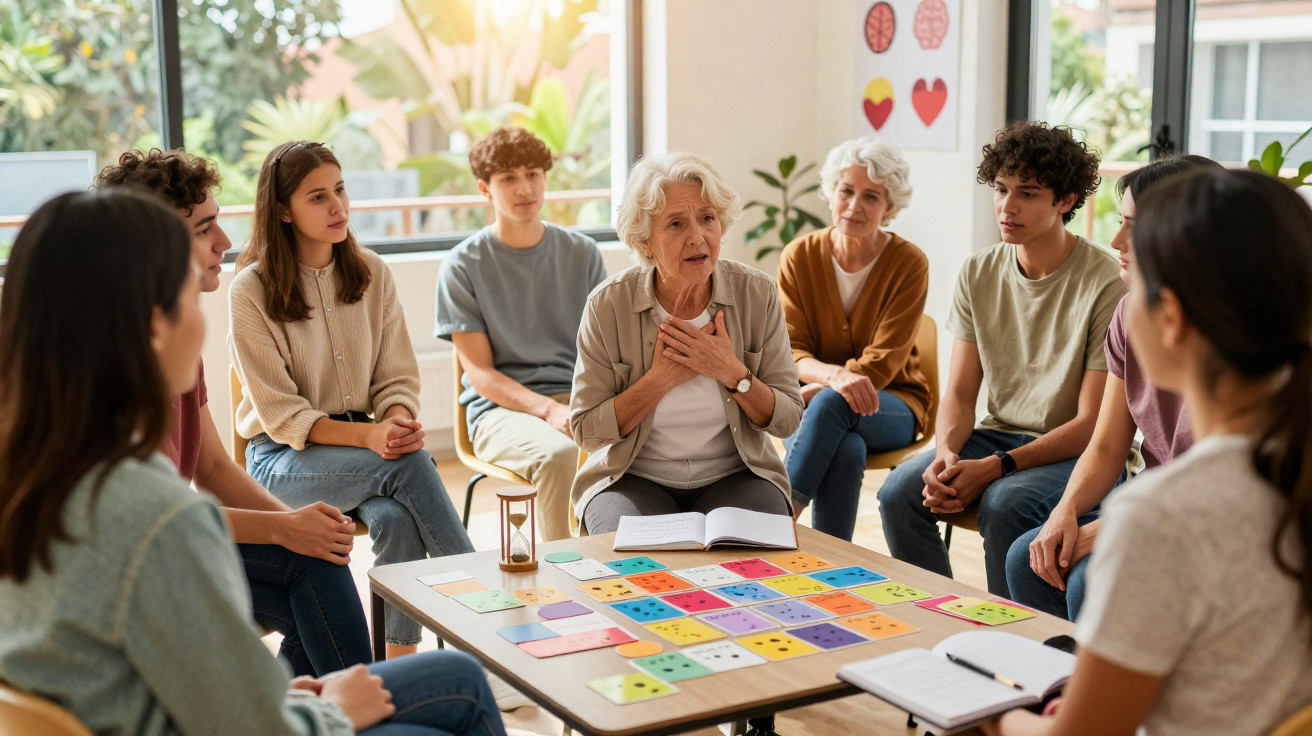 Grupo diverso de pessoas jovens e idosas em roda, participando de discussão ou terapia em sala iluminada.