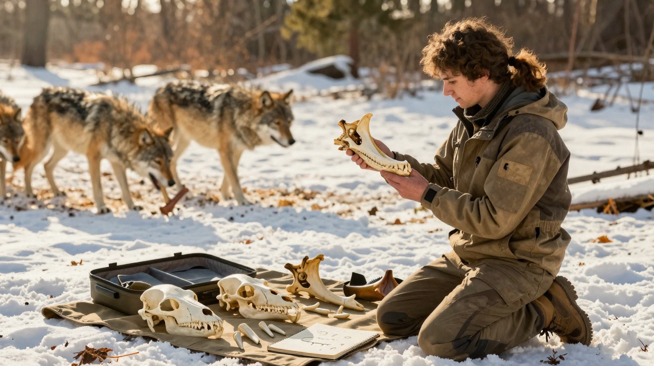 Homem analisa mandíbula de lobo enquanto lobos observam em área nevada na floresta.