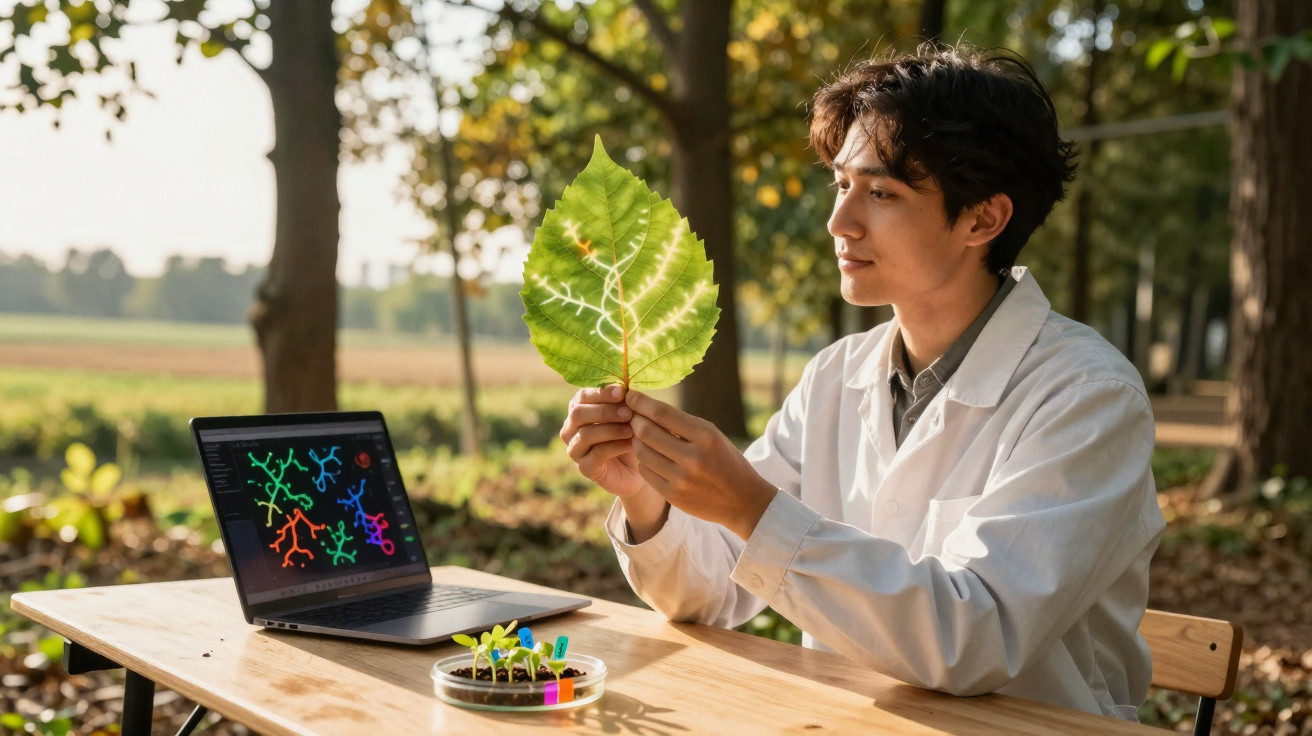Jovem cientista em jaleco examina uma folha verde em área externa, com laptop e planta em mesa.