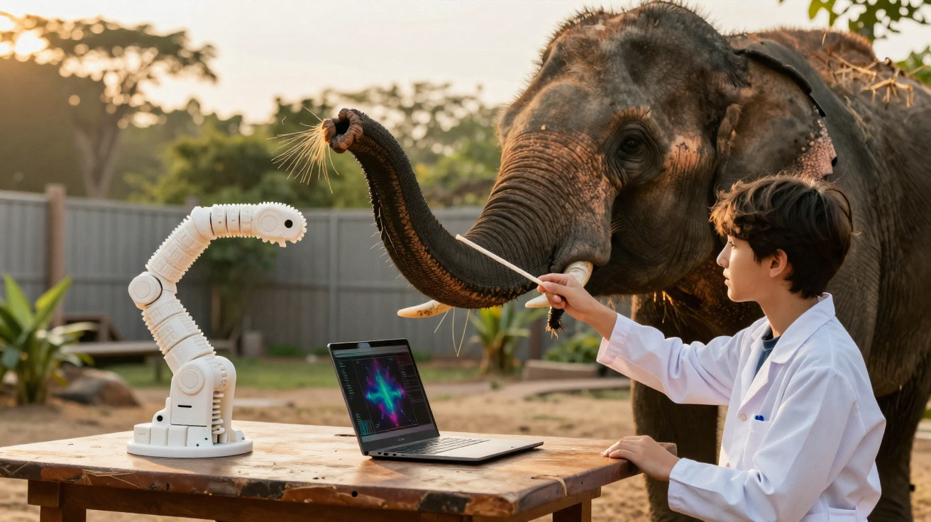 Criança interagindo com elefante e braço robótico em mesa com laptop em ambiente externo.