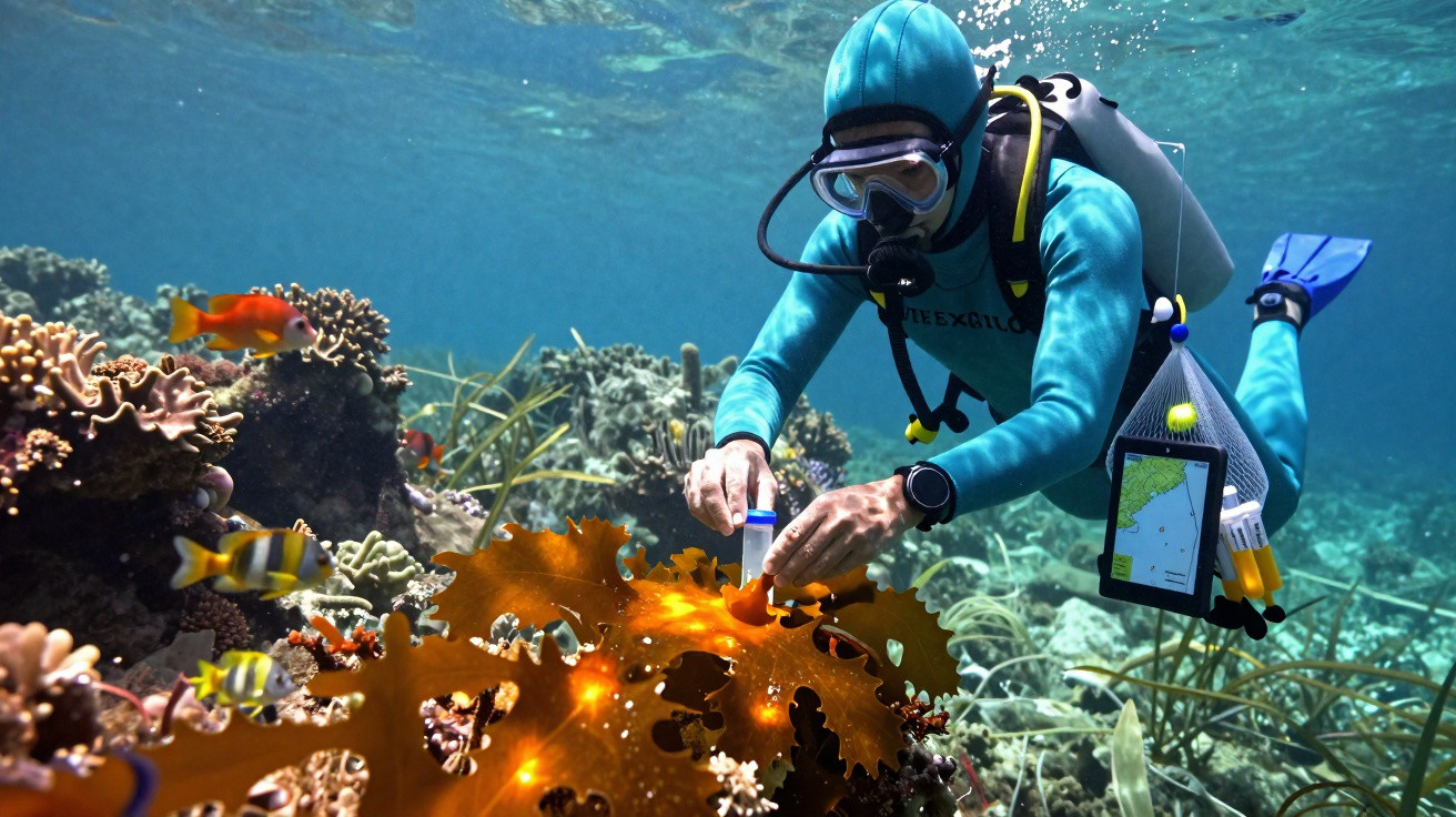Mergulhador coleta amostra em recife de coral cercado por peixes coloridos no fundo do mar.