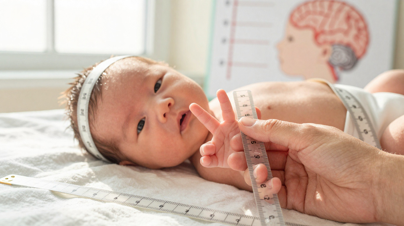 Bebê sendo medido com fita métrica na cabeça e mão em ambiente clínico.