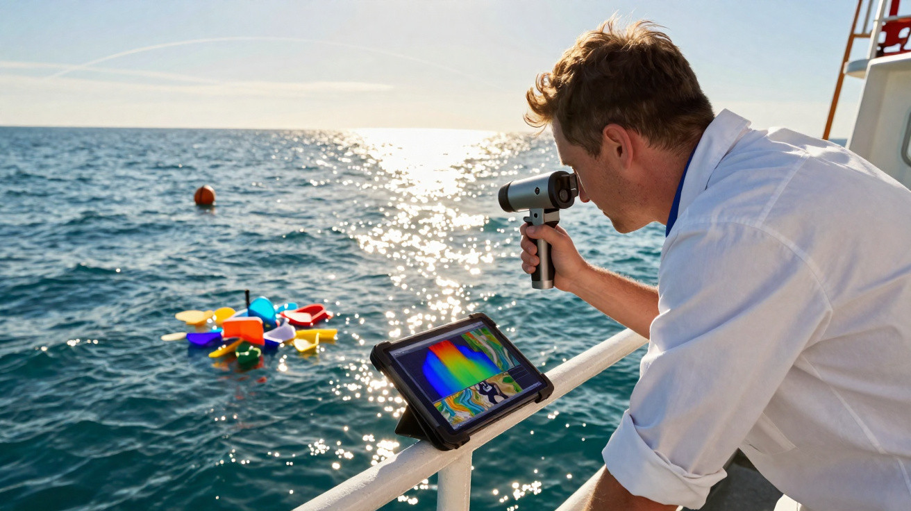 Homem usando câmera térmica e tablet para monitorar protótipos flutuantes coloridos no mar ao entardecer.