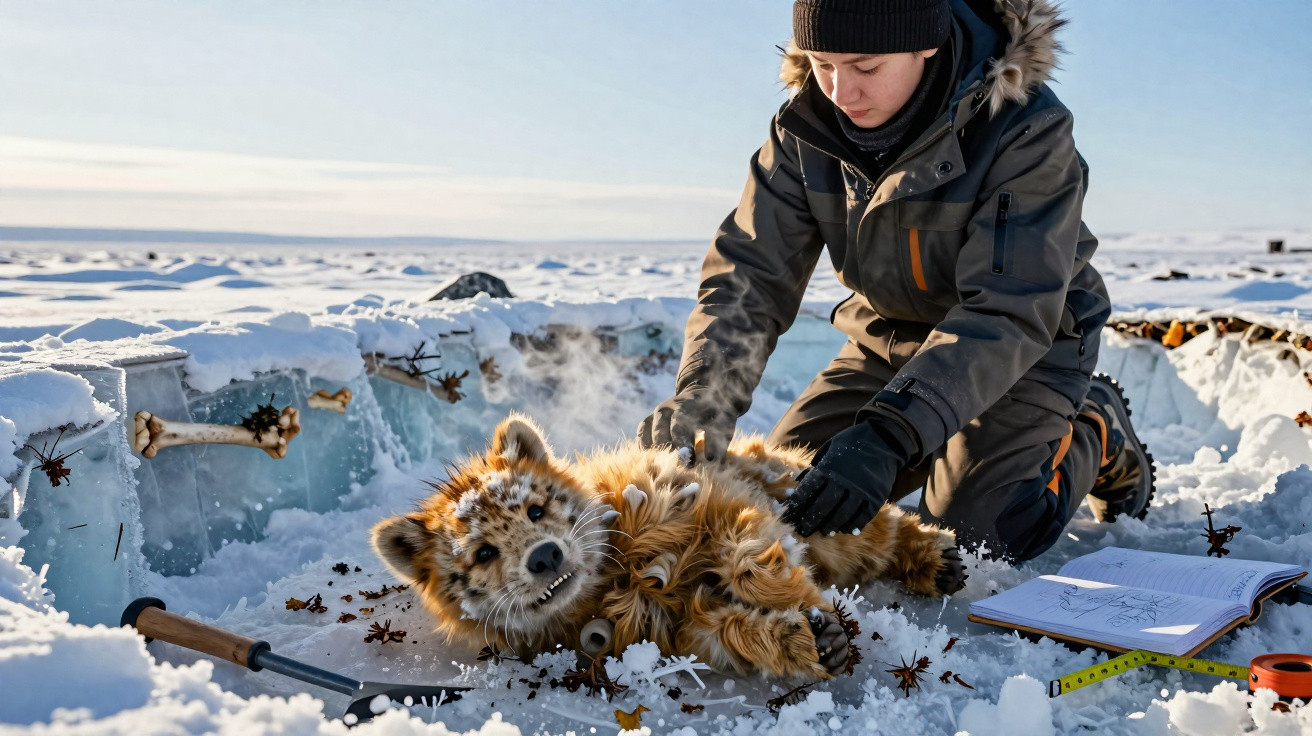 Pesquisadora examina filhote de tigre siberiano em ambiente gelado com neve e ferramentas ao redor.