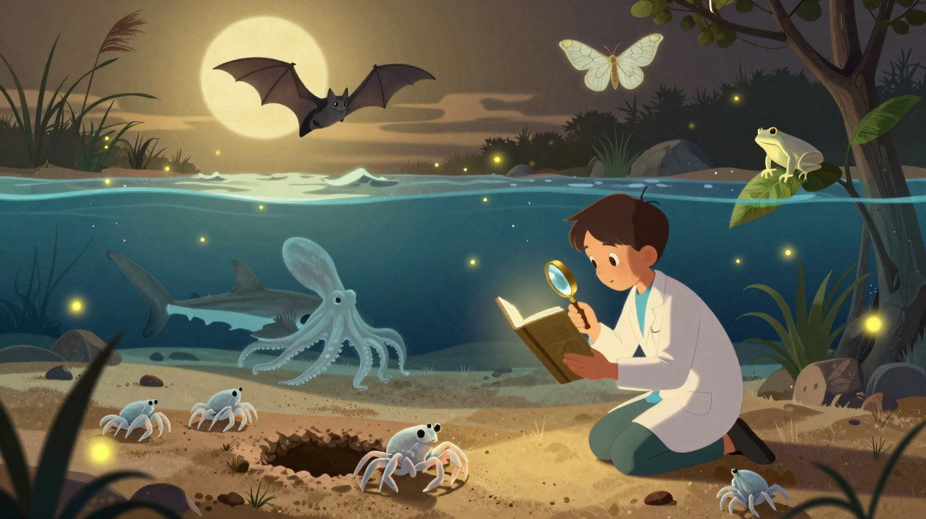 Menino com jaleco branco e lupa estuda vida marinha e terrestre à noite em rio iluminado pela lua cheia.