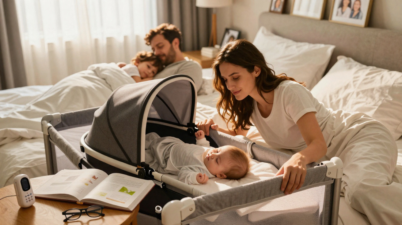Mãe observa bebê adormecido no berço próximo à cama onde pai e filho descansam juntos.